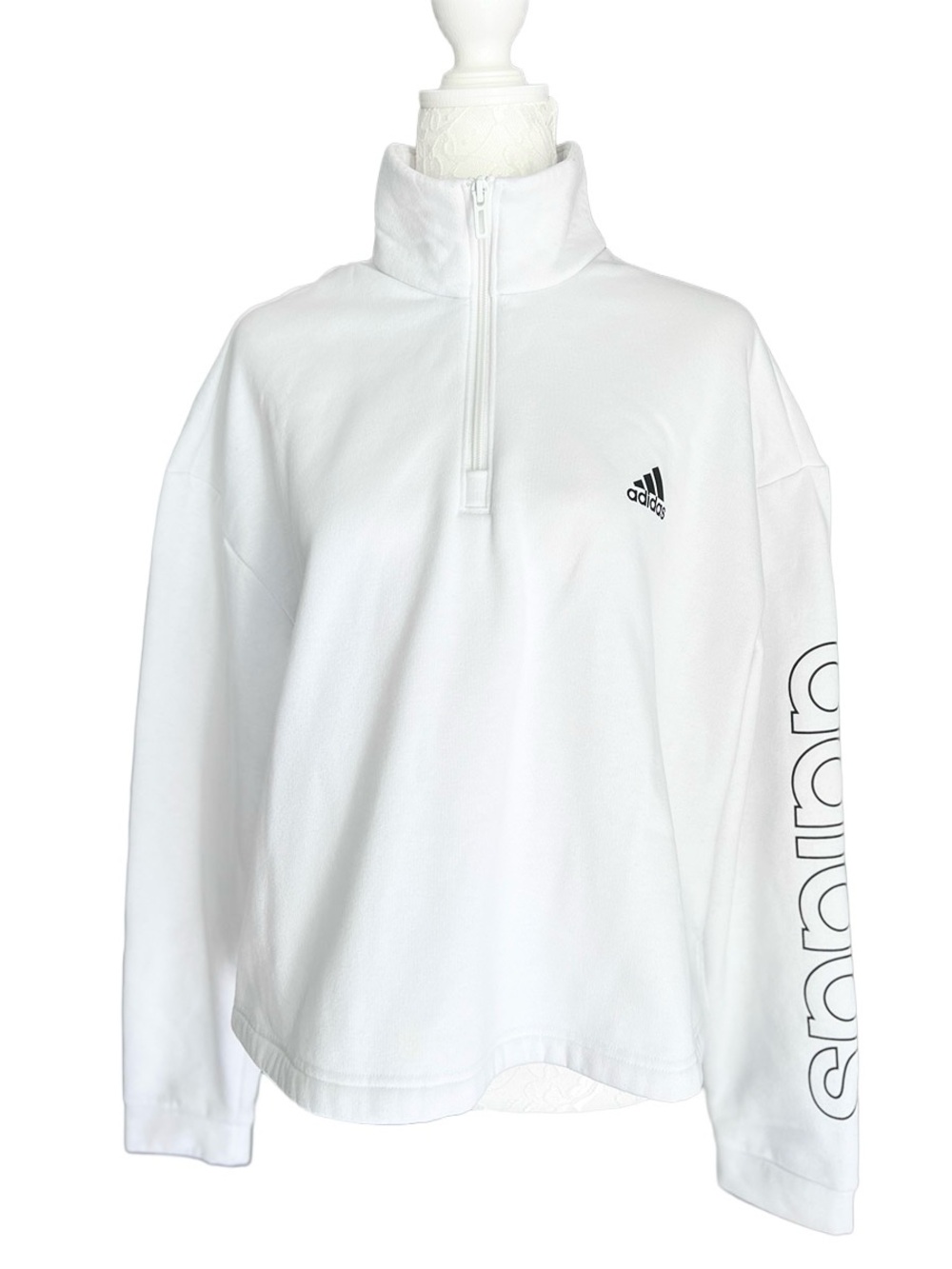 Adidas Women’s White Quarter-Zip Fleece Pullover Sweatshirt Logo Sleeve Size XL